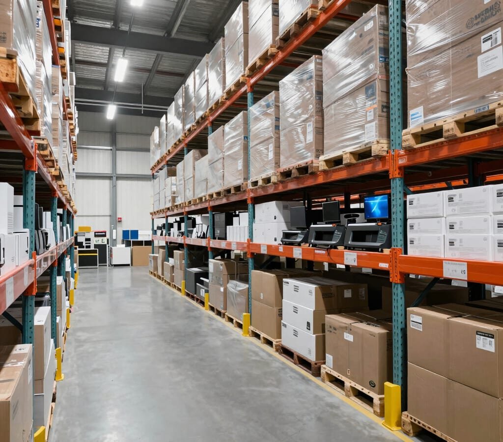 Palletised electronics and appliances in a distribution warehouse